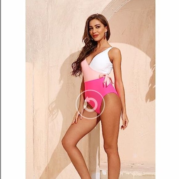 SweatyRocks One Piece V Neck Tie Front Pink & White Color Block Bathing Suit L - Picture 3 of 9